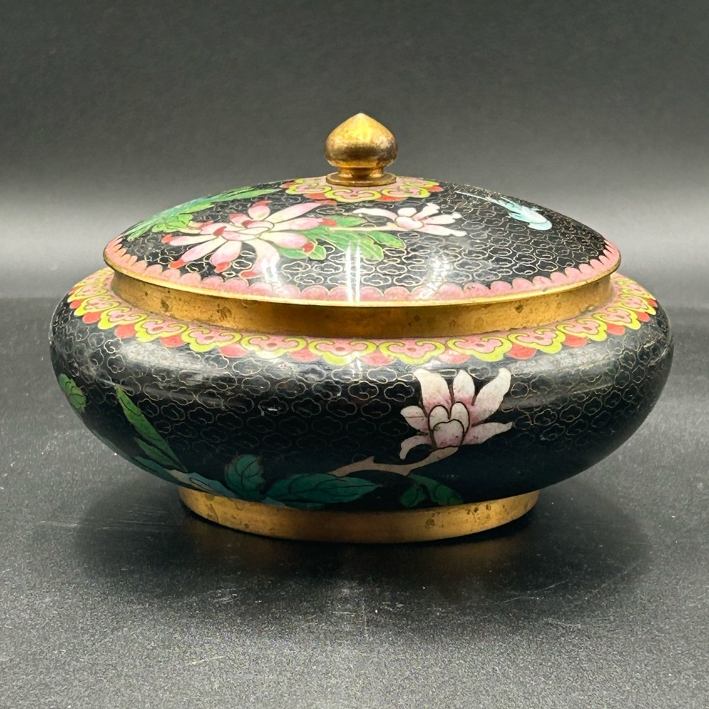 Vintage cloisonné lidded bowl bluebird black and gold, Chinese Asian decor